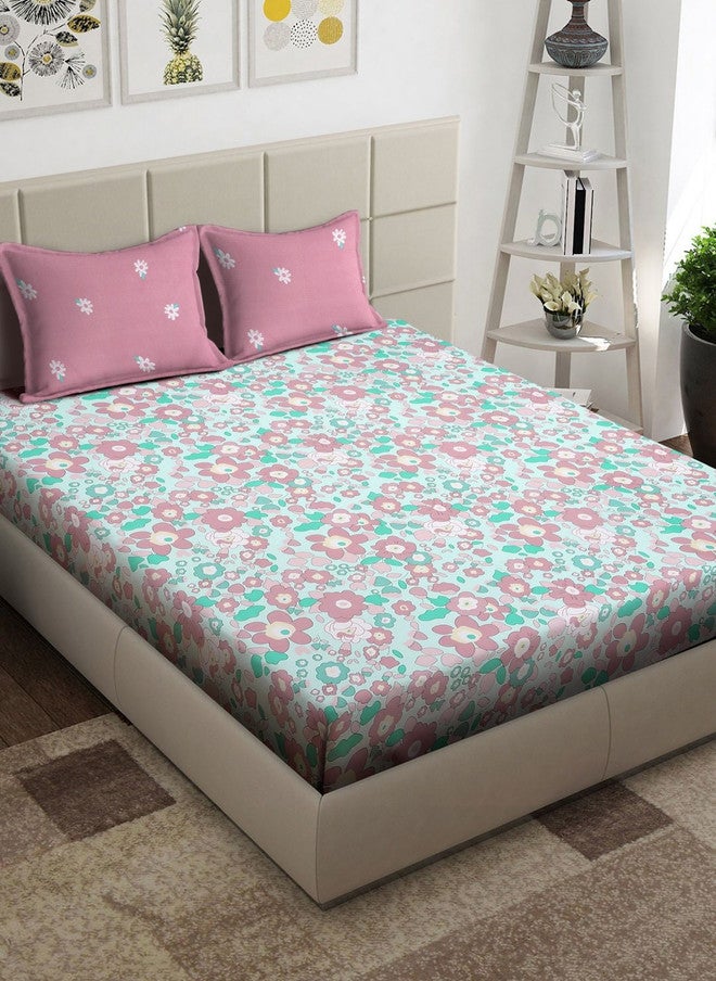 Arrabi Green Floral Polycotton 300 TC King Fine Bedsheet with 2 Pillow Covers - 106 x 102 inches - Image 1