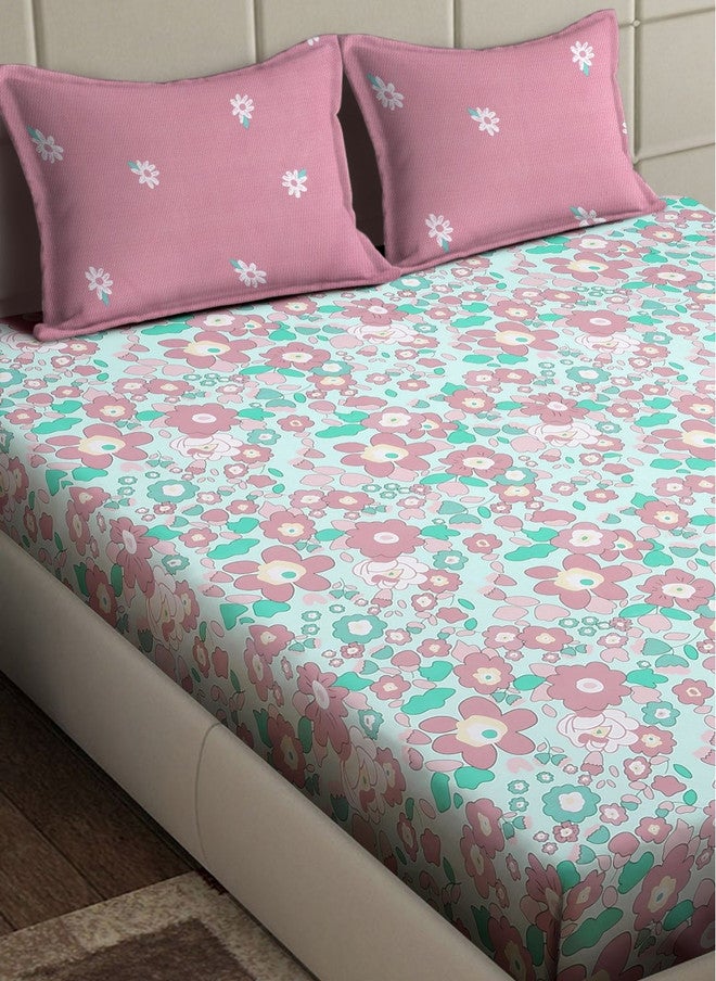 Arrabi Green Floral Polycotton 300 TC King Fine Bedsheet with 2 Pillow Covers - 106 x 102 inches - Image 3