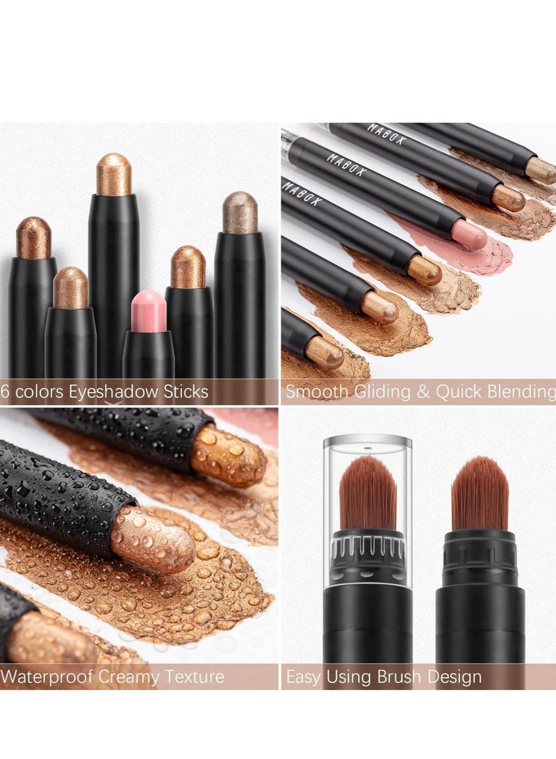Mabox 6PCS Neutral Eyeshadow Stick Set - Metallic Shimmer & Matte Cream Eye Shadow, Multi-Use Eyeliner & Brightener Pencil Crayon, Classic Eye Makeup Kit - Image 4