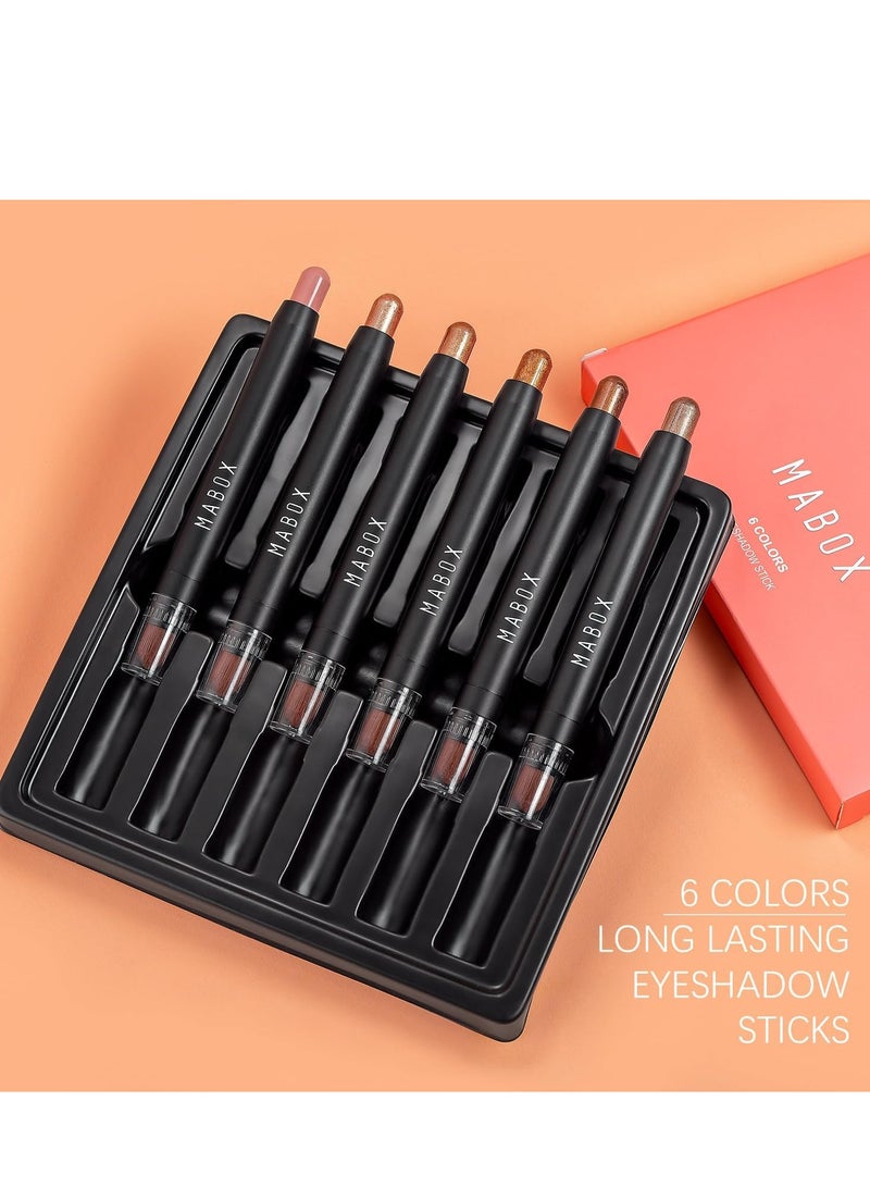 Mabox 6PCS Neutral Eyeshadow Stick Set - Metallic Shimmer & Matte Cream Eye Shadow, Multi-Use Eyeliner & Brightener Pencil Crayon, Classic Eye Makeup Kit - Image 3
