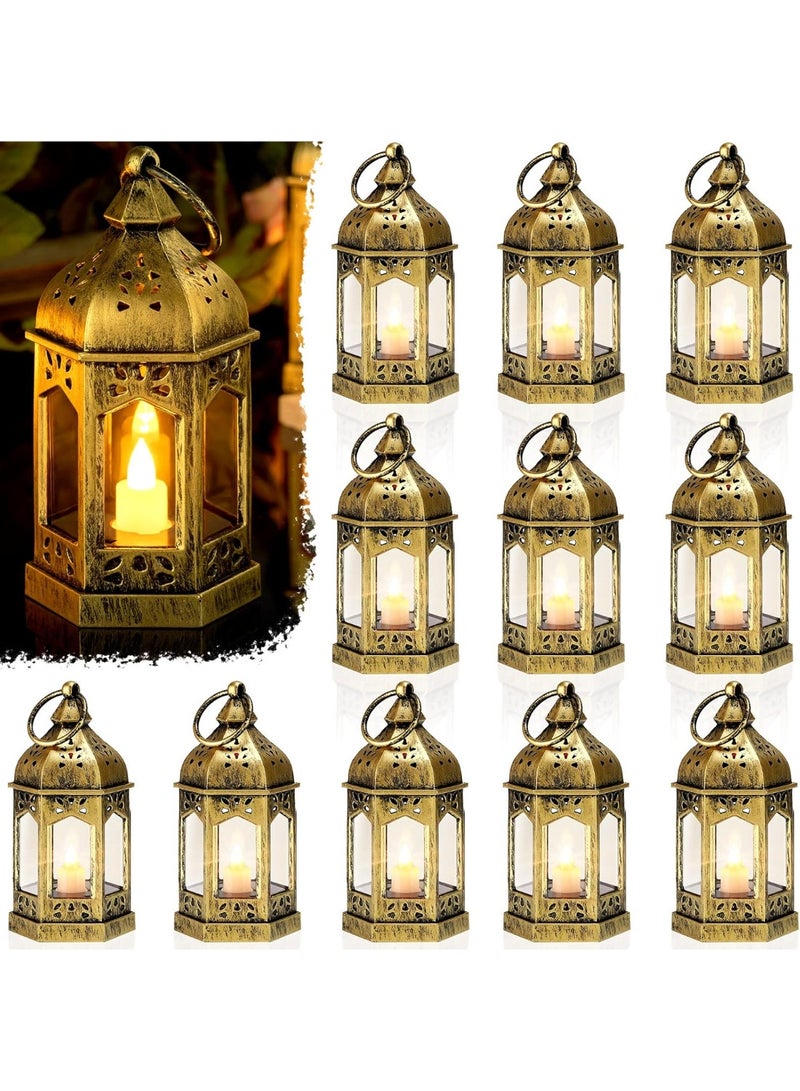Cunhill 12 Pieces Mini Lanterns with Flickering LED Candle, Batteries Included, Decorative Hanging Candle Lantern for Indoor Use, Wedding, Party, Table Centerpiece (Gold) - Image 1