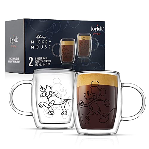 JoyJolt JoyJolt Aroma Disney Mickey and Pluto 54oz Glass Cups Set 2 Insulated Double Wall Glass Espresso Cups Insulated Coffee Cup Set Unique Coffee Mugs and Espresso Cups Disney Cups and Disney Mugs 