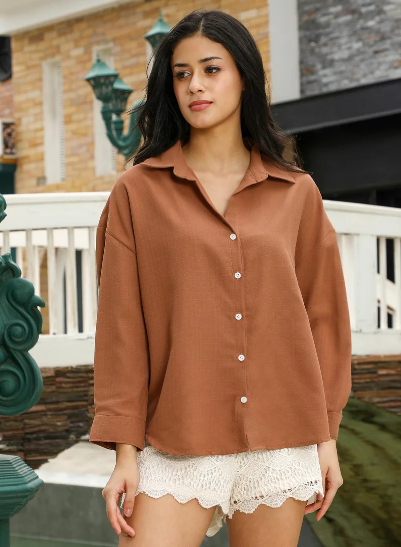 PINACOLADA Women's Solid-Woven Oversized Shirt | Spread Collar , Long Cuffed Sleeves , Button Closure | Solid Dobby Material | Cotton-Blend Shirt For Casual & Daily Wear | Mocha Brown