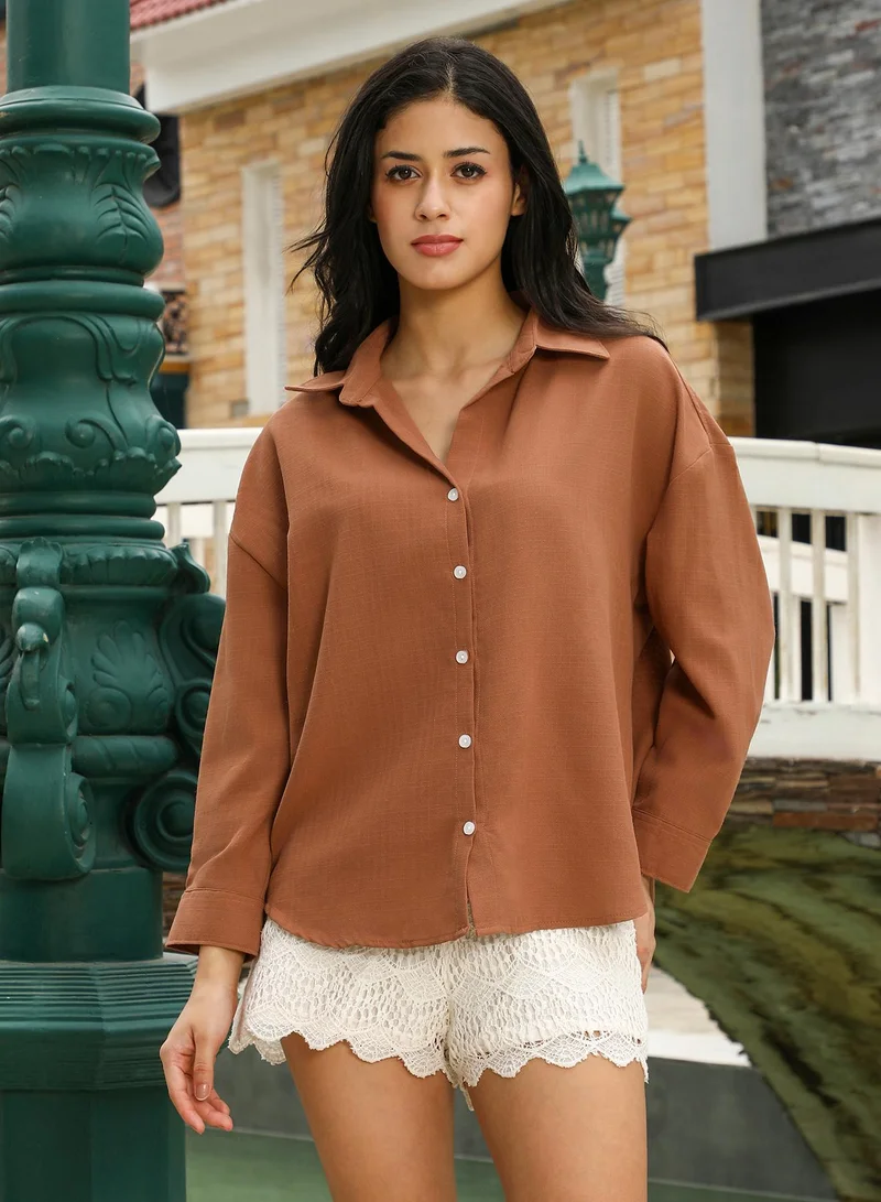 PINACOLADA Women's Solid-Woven Oversized Shirt | Spread Collar , Long Cuffed Sleeves , Button Closure | Solid Dobby Material | Cotton-Blend Shirt For Casual & Daily Wear | Mocha Brown