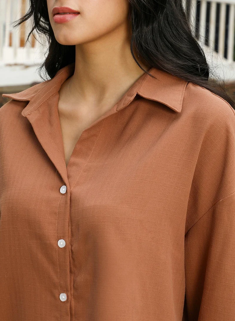 PINACOLADA Women's Solid-Woven Oversized Shirt | Spread Collar , Long Cuffed Sleeves , Button Closure | Solid Dobby Material | Cotton-Blend Shirt For Casual & Daily Wear | Mocha Brown