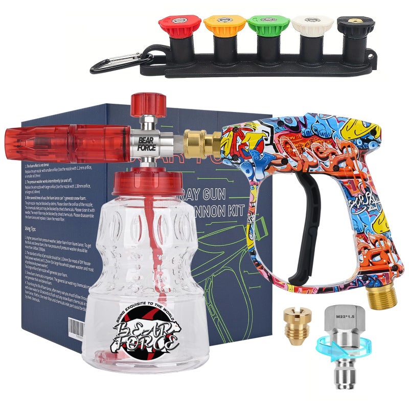 BEAR FORCE Pressure Washer Spray Gun Power Washer Short Gun with M22-ID14mm & Foam Cannon Foam Gun with 5 Nozzles Tips #035 & 3/8'' Quick Connector Swivel, Additional Orifice Nozzle 1.10mm Car Washing - Image 1