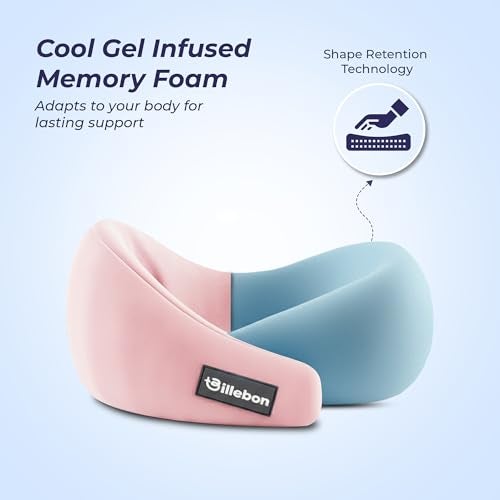Billebon Gel Infused Memory Foam Neck Pillow, Travel Pillow with Adjustable Velcro Straps, Neck Pillow for Travelling & Flight Travel, Ergonomic Support for Comfort & Pain Relief(Pink Combo) - Image 2
