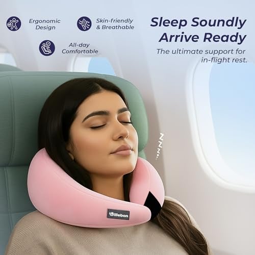 Billebon Gel Infused Memory Foam Neck Pillow, Travel Pillow with Adjustable Velcro Straps, Neck Pillow for Travelling & Flight Travel, Ergonomic Support for Comfort & Pain Relief(Pink Combo) - Image 4