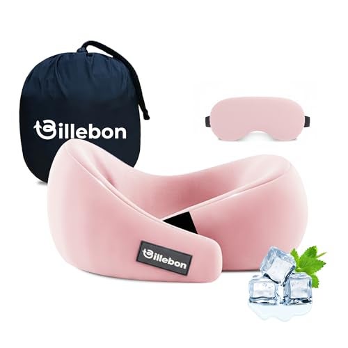 Billebon Gel Infused Memory Foam Neck Pillow, Travel Pillow with Adjustable Velcro Straps, Neck Pillow for Travelling & Flight Travel, Ergonomic Support for Comfort & Pain Relief(Pink Combo) - Image 1