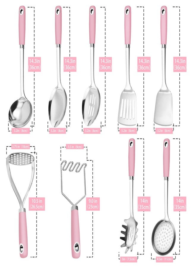 MUJINON 18/0 Stainless Steel Cooking Utensils Set, Heavy Duty Pink Handle for Kitchen Daily Use Party Wedding Housewarming, Dishwasher Safe, 9 Pieces - Image 4