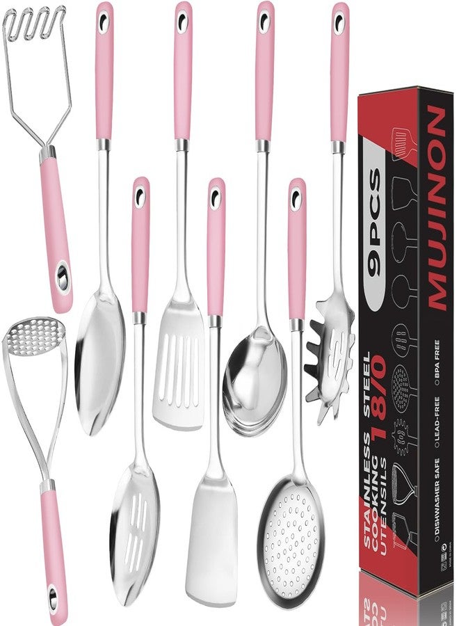 MUJINON 18/0 Stainless Steel Cooking Utensils Set, Heavy Duty Pink Handle for Kitchen Daily Use Party Wedding Housewarming, Dishwasher Safe, 9 Pieces - Image 1