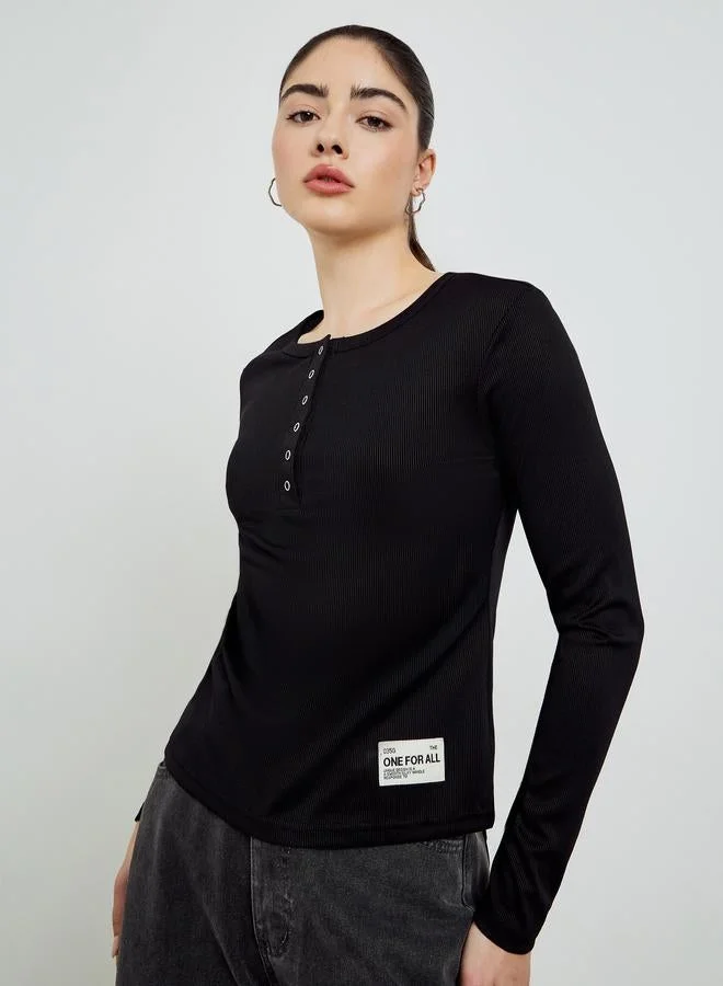 Styli Black Ribbed Henley Long Sleeve T-Shirt