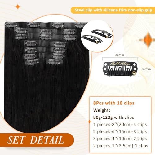 Full Shine Black Hair Extensions Clip in Human Hair Seamless Hair Extensions Clip ins Black Invisible Clip in Hair Extension for Short Hair 8 PCS 12 Inch 95 G - Image 3
