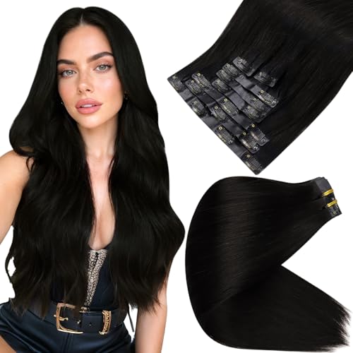 Full Shine Black Hair Extensions Clip in Human Hair Seamless Hair Extensions Clip ins Black Invisible Clip in Hair Extension for Short Hair 8 PCS 12 Inch 95 G - Image 1