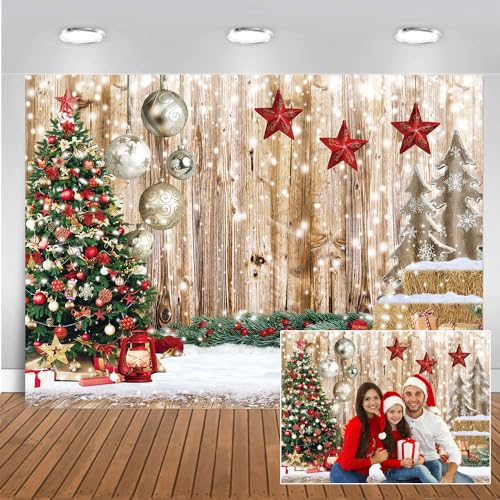 CHAIYA 7X5FT Christmas Backdrop Wood Floor Backdrop Winter Snow Xmas Tree Gift Christmas Family Party Background New Year Party Decoration - Image 1