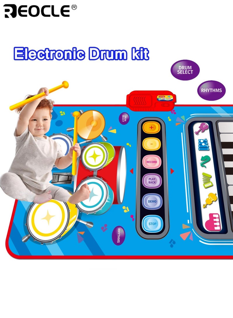 ريوكل سجادة لعب موسيقية للأطفال بتصميم طبلة بيانو 2 في 1، سجادة أنشطة للأطفال الصغار مع صوت تفاعلي لتنمية حواس الرضيع - Image 4