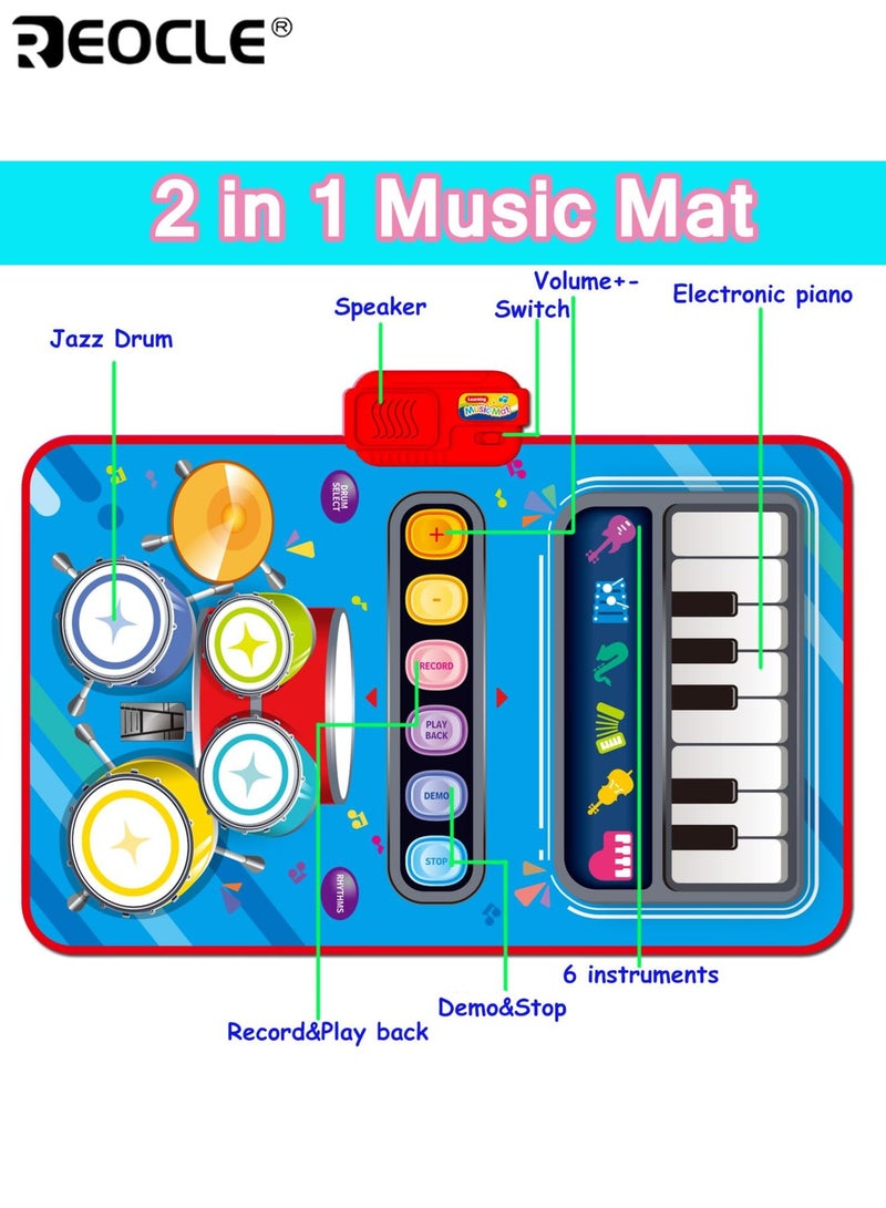 ريوكل سجادة لعب موسيقية للأطفال بتصميم طبلة بيانو 2 في 1، سجادة أنشطة للأطفال الصغار مع صوت تفاعلي لتنمية حواس الرضيع - Image 2