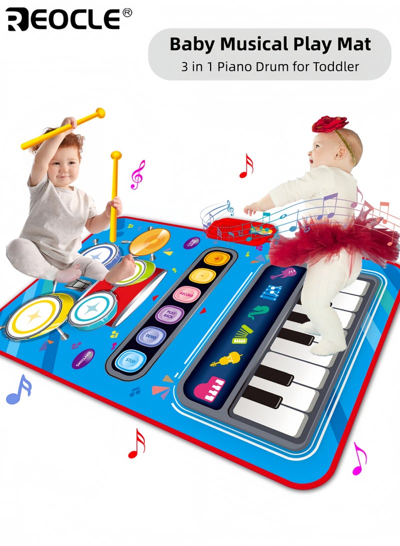 ريوكل سجادة لعب موسيقية للأطفال بتصميم طبلة بيانو 2 في 1، سجادة أنشطة للأطفال الصغار مع صوت تفاعلي لتنمية حواس الرضيع - Image 1