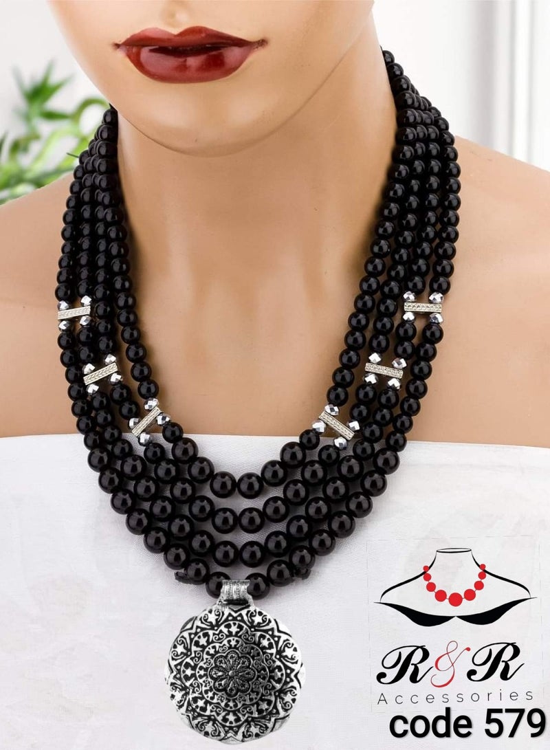 R&R Women's necklace made of black Mallorca jewelry and crystal, a copper pendant 