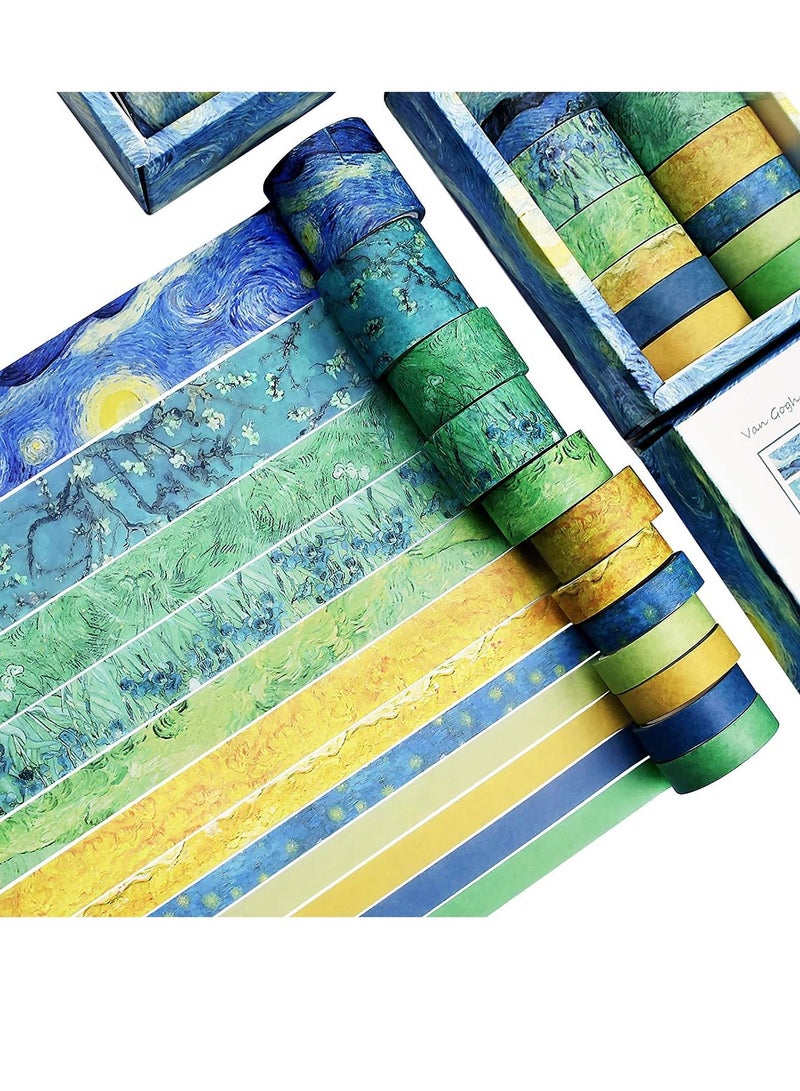 SYOSI Washi Tape Set of 12 Rolls, Van Gogh Starry Night Decorative Green Leaves Floral Blue Yellow Washi Masking Tape Sets for Craft, Kids, Scrapbook, DIY, Gift Wrapping - Image 1