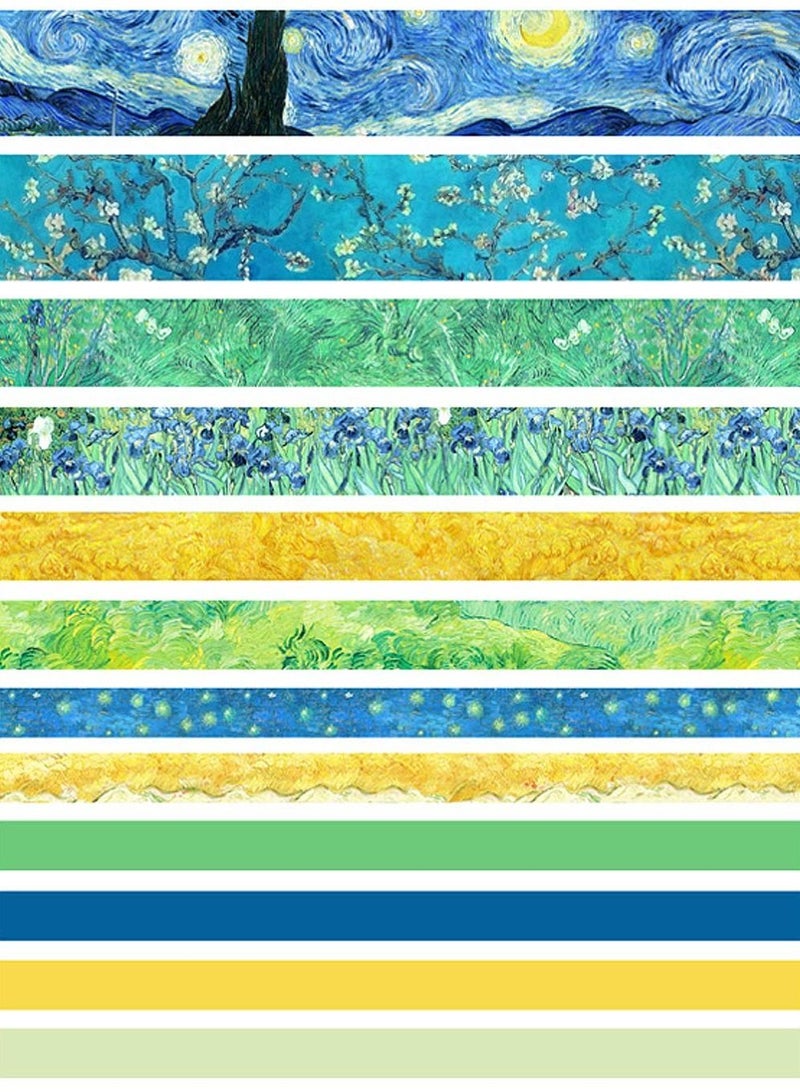 SYOSI Washi Tape Set of 12 Rolls, Van Gogh Starry Night Decorative Green Leaves Floral Blue Yellow Washi Masking Tape Sets for Craft, Kids, Scrapbook, DIY, Gift Wrapping - Image 2