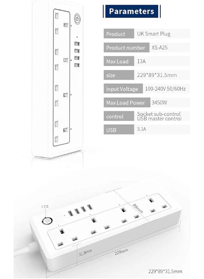 XLT Smart Life Tuya APP 1.8m Cable Intelligent power strip 4 Outlets Plug Socket Wifi Smart Power Strip with USB 4 Charging Port App Voice Control Work with Alexa Google Home Assistant
