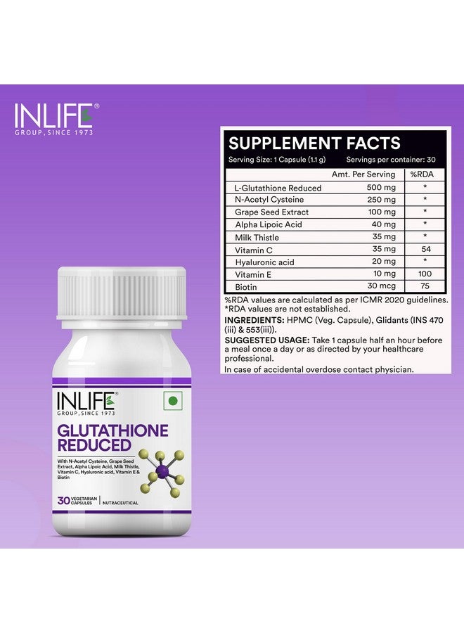 Inlife كبسولات INLIFE L جلاوتاثيون 1000 ملغ | فيتامين C حليب الشوك مستخلص بذور العنب البيوتين | مكمل صحة الجلد والكبد للرجال والنساء - 30 كبسولة نباتية (عبوة من 2) - Image 2