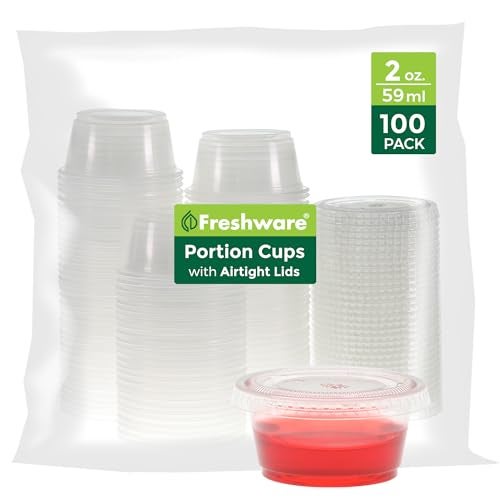 Freshware Plastic Portion Cups with Lids [2 Ounce, 100 Sets] Disposable Plastic Cups for Meal Prep, Salad Dressing, Jellos Shot Cups, Souffle Cups, Condiment and Dipping Sauce Cups - Image 1