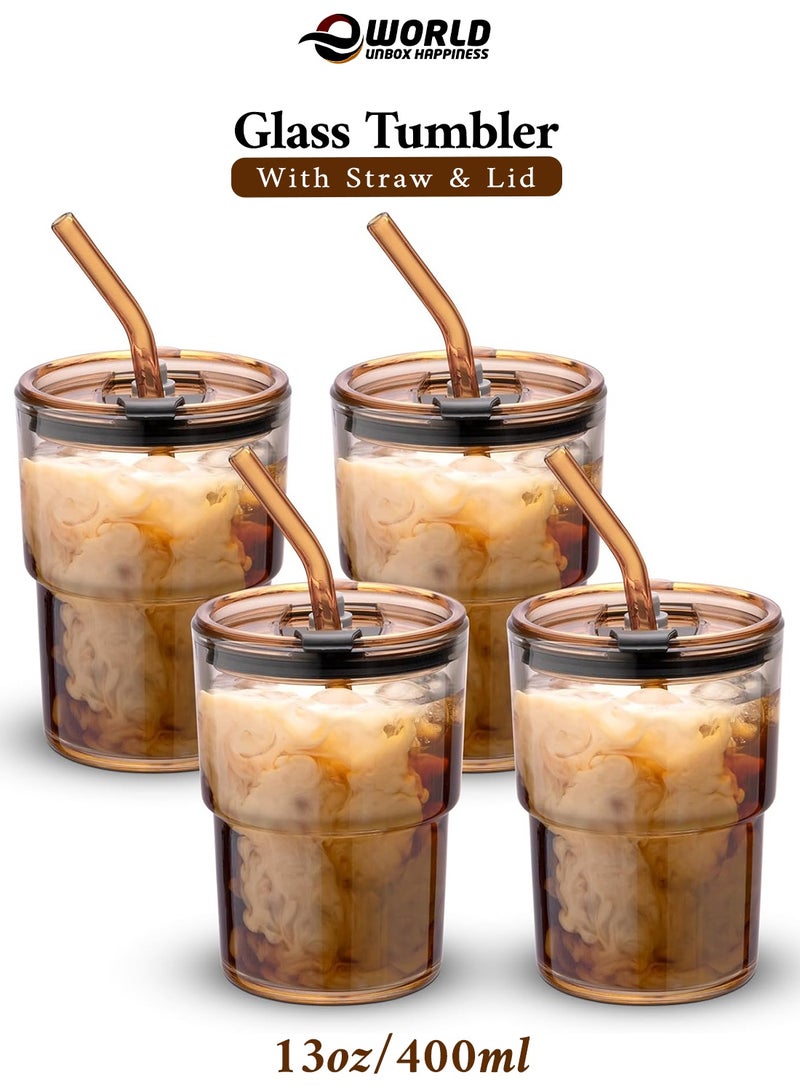 إي وورلد كوب زجاجي مزدوج الجدار بسعة ‎13 أونصة / 400 مل مع غطاء ومصّاصة | كوب شاي وقهوة مثلجة معزول من الزجاج السميك – لون بني | عبوة من 2 و4 - Image 2