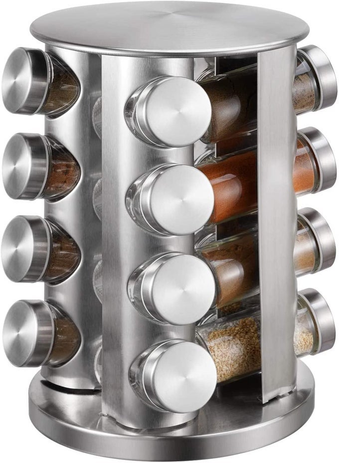 REVOLVING SPICE TOWER ROUND SPICE RACK SET OF 16 SPICE JARS SEASONING STORAGE ORGANIZATION STAINLESS STEEL SPICE RACK