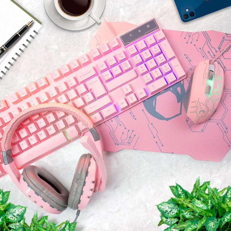 Orzly Pink Gaming keyboard and mouse headset headphones and mouse pad, wired LED RGB Backlight Bundle Pink PC accessories for gamers and Xbox and PS4 PS5 Nintendo switch Users - 4in1 edition Hornet RX-250 - Image 2