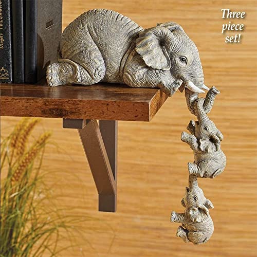 LSLANSOON 3 Set Elephant Shelf Sitter, Mother Elephant Hanging 2 Baby Elephants on The Edge, Hand-Painted Resin Collectable Figurines for Home Decor Gift - Image 2