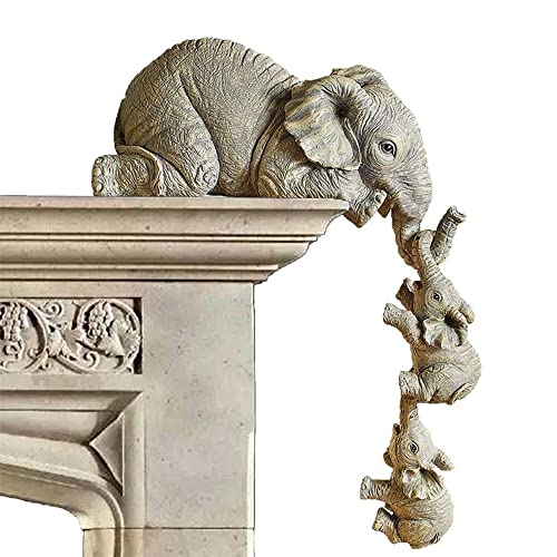LSLANSOON 3 Set Elephant Shelf Sitter, Mother Elephant Hanging 2 Baby Elephants on The Edge, Hand-Painted Resin Collectable Figurines for Home Decor Gift - Image 1
