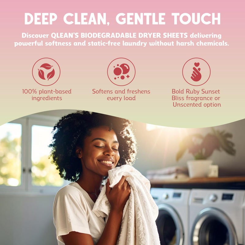 QLEAN Dryer Sheets | Natural Fabric Softener & Removes Static Cling | Vegan Laundry Softener | Soft, Fresh Laundry, Perfect for Clothes and Beddings - 120 Loads (Ruby Sunset Bliss) - Image 2