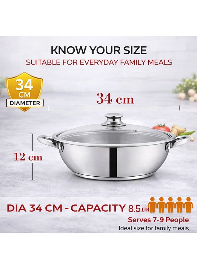 SONEX Mega Wok/Kadai, 34 cm (8.5 Ltr) Stainless Steel – Glass Lid with Steam Vent, Durable Handles, Sandwich Bottom for Even Heating, Sleek Modern Design for Efficient and Stylish Cooking - Image 2