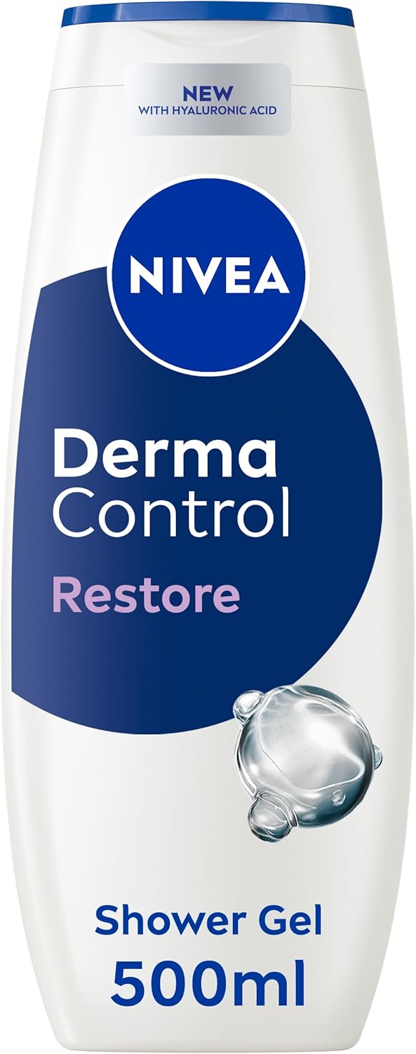 NIVEA Derma Control Restore Shower Gel 500ml Moisturising Body Wash with Hyaluronic Acid and Vitamin E Ideal for Sensitive Skin Hypoallergenic Fragrance