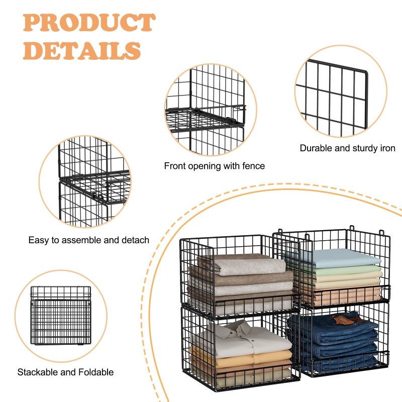 Huxitocan Stackable Closet Organizers and Storage Baskets, 4-Tier Closet Shelf Organizer for Small Space, Space-Saving Clothes Storage Drawer, Foldable Clothes Storage Bins for Closet Organizer System, Black - Image 3