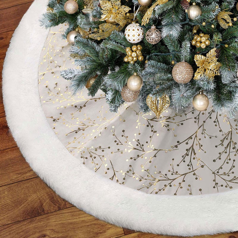 HexyHair Christmas Tree Skirt Gold White 48 Inch Faux Fur Plush Christmas Decorations Tree Base Mat Thick Velvet Rugs for Holiday Home Decor Party Xmas 