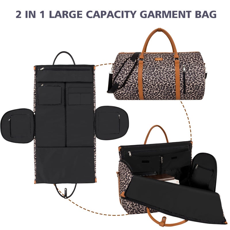 TIBES Garment Bag for Travel With Toiletry Bag Convertible Carry On Weekender Bag Large Travel Duffel Bags for Women 2 in 1 Hanging Suitcase Suit Travel Bags for Women & Men 3pcs Set, C-Brown Leopard, - Image 2