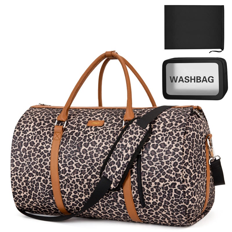 TIBES Garment Bag for Travel With Toiletry Bag Convertible Carry On Weekender Bag Large Travel Duffel Bags for Women 2 in 1 Hanging Suitcase Suit Travel Bags for Women & Men 3pcs Set, C-Brown Leopard, - Image 1