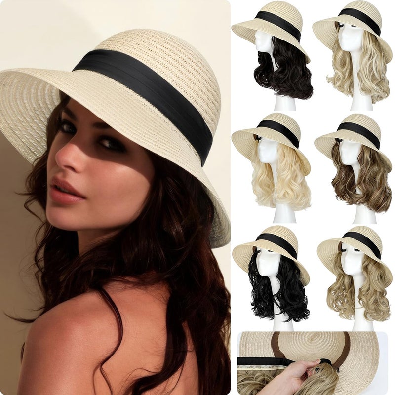 Qlenkay Qlenkay Straw Sun Hat with 10in Synthetic Hair Extension Short Wavy Curly Wig Wide Brim Women Adjustable Cap Detachable Hairpiece for Summer Travel Dark Brown 