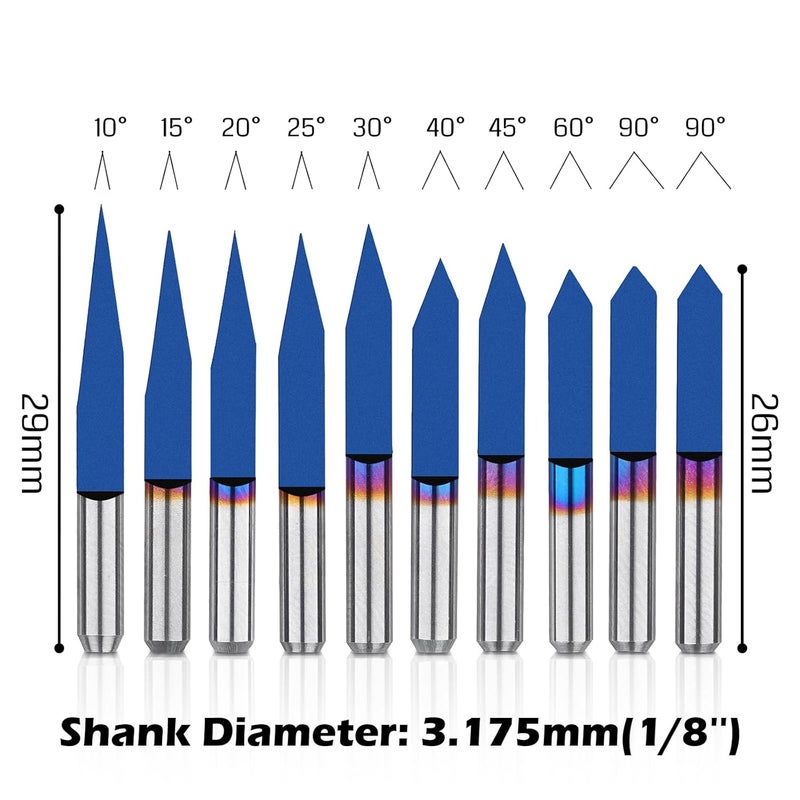 Genmitsu 10 Pcs 1/8" Shank V-Groove CNC Router Bits, 10 /15 /20 /25 /30 /40 /45 /60 /90 Degree Set, Nano Blue Coat Conical V-Bit, Engraving Tool for CNC Signmaking Carving Lettering 2D&3D Sculpture - Image 3