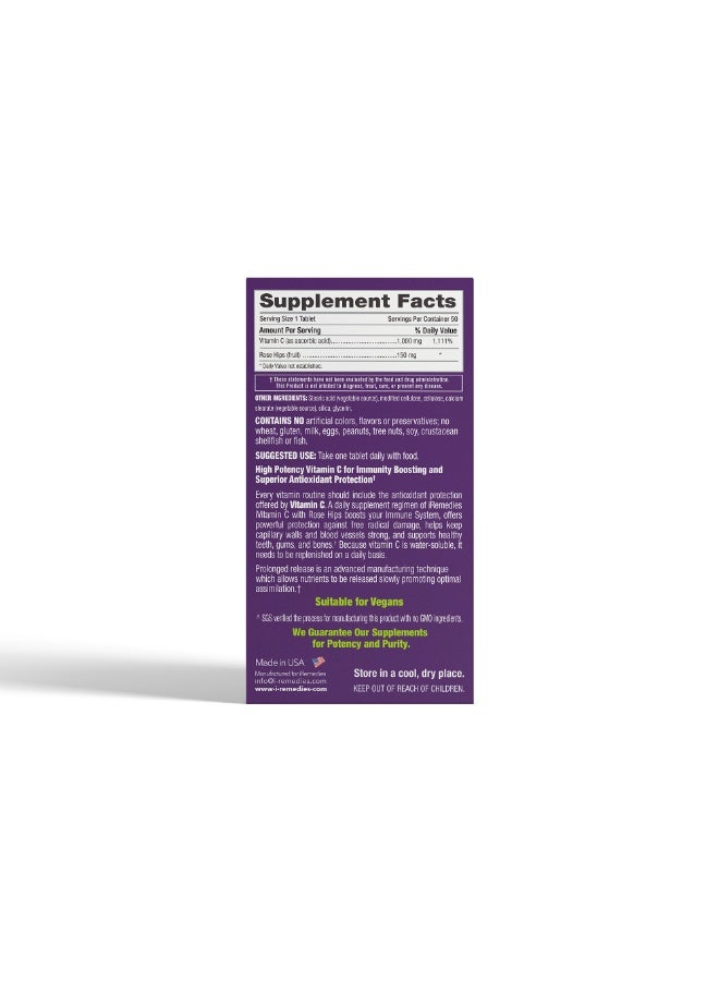 iRemedies iVitamin C 1000mg WRH - PR – High-Strength, Prolonged-Release Vitamin C for Immune Support – 50 Vegan Tablets - Image 4