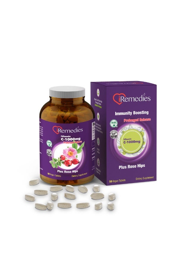 iRemedies iVitamin C 1000mg WRH - PR – High-Strength, Prolonged-Release Vitamin C for Immune Support – 50 Vegan Tablets - Image 1