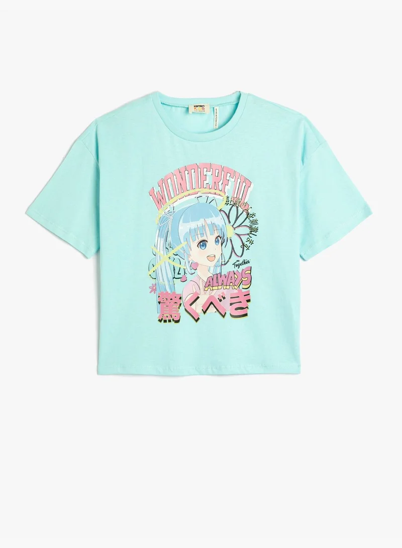 كوتون Anime T-Shirt Short Sleeve Crew Neck