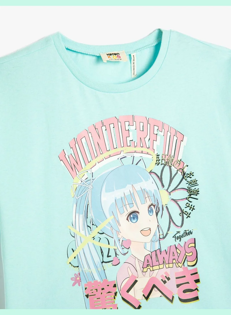 كوتون Anime T-Shirt Short Sleeve Crew Neck