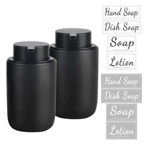 BosilunLife Black Soap Dispenser Set - 2 Pack 12oz Ceramic Dish Soap Dispenser with Rust Proof Pump for Kitchen, Hand Soap and Lotion Set Suitable for Farmhouse Bathroom Decor with Waterproof Labels - Image 1