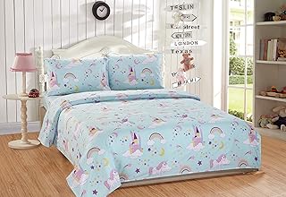 Linen Plus Sheet Set for Girls/Teens Unicorn Rainbow Castle Blue Purple Yellow White Flat Sheet Fitted Sheet and Pillow - Image 1