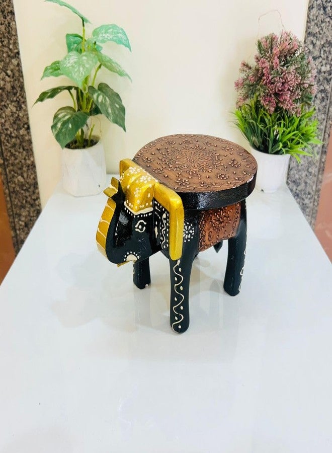 OVIK - Wooden Multicolor Elephant Stool Rajasthani Handicraft Mini Table for Pooja, Candle Holder, Home Decor, Living Room, Office, Gift Item | Traditional Indian Art Showpiece (9x7x6.5 Inch) - Image 1