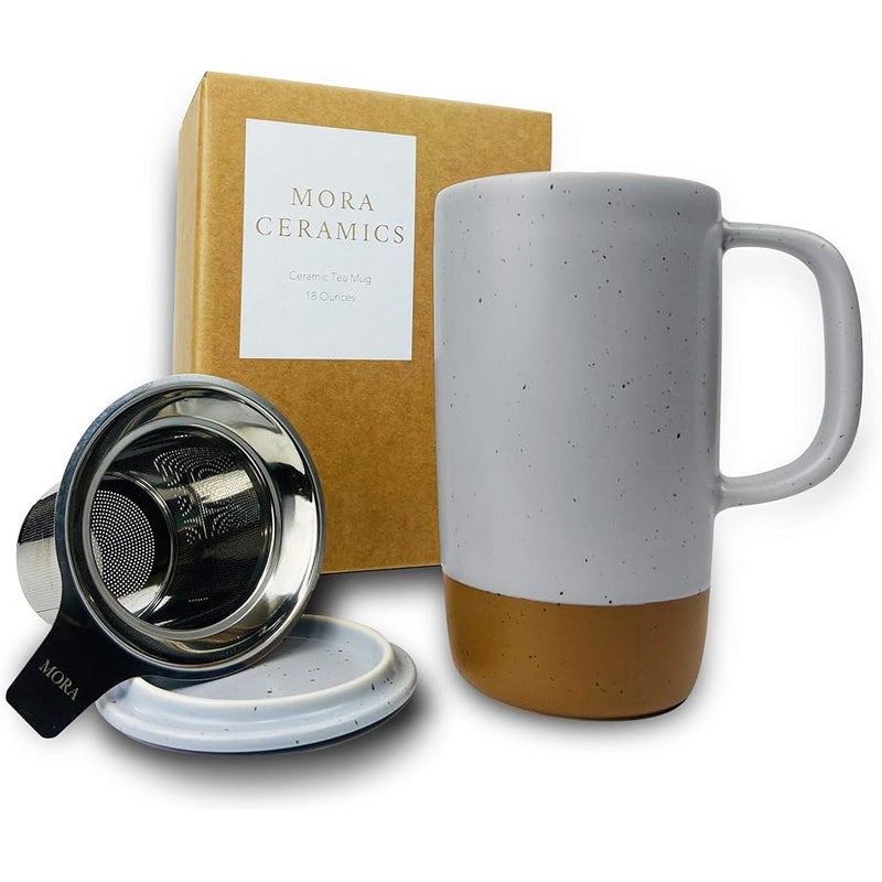 Mora Ceramics Large Tea Mug with Loose Leaf Infuser and Ceramic Lid, 18 oz, Portable, Microwave and Dishwasher Safe, Tall Coffee Cup - Rustic Matte Ceramic Glaze, Modern Herbal Tea Strainer, Sleet - Image 1